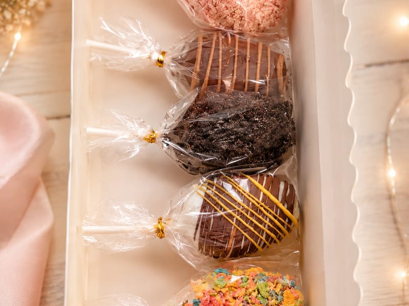 Assorted decorated cakesicles on sticks in gourmet flavors