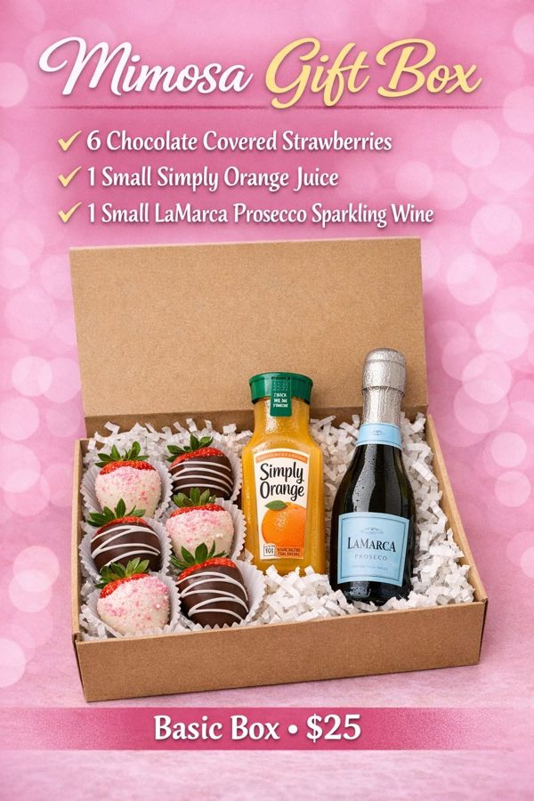 Mimosa gift box with chocolate covered strawberries, juice, and prosecco