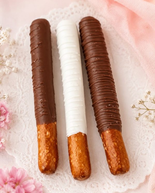 Three chocolate dipped pretzel rods in dark, white, and milk chocolate
